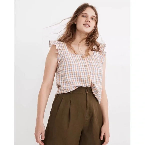 NWOT Gingham Seersucker Ruffle-Strap Button-Up Tank Top - Picture 5 of 6